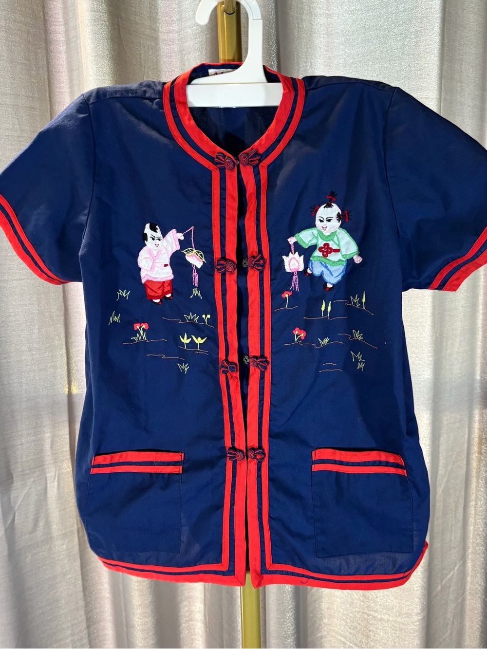 Vintage Navy Red Asian Chinese Tunic Top Shirt Kids SZ 10 Embroidery Tourist 70s